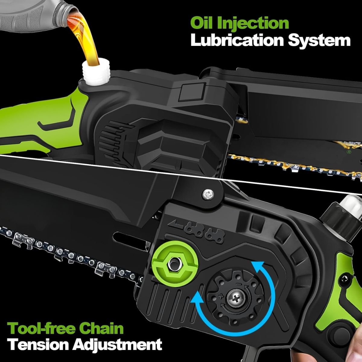 Automatické mazání a napínání řetězu bez nástrojů